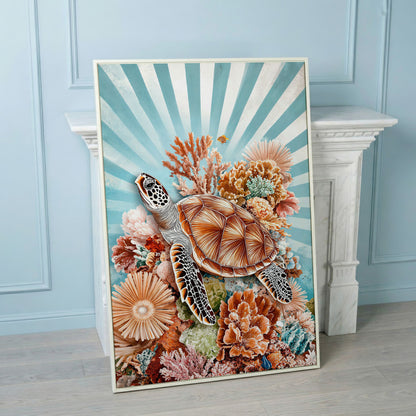 Sea Turtle and Coral Reef Canvas Wall Art, Ocean Life Portrait in white floating frame