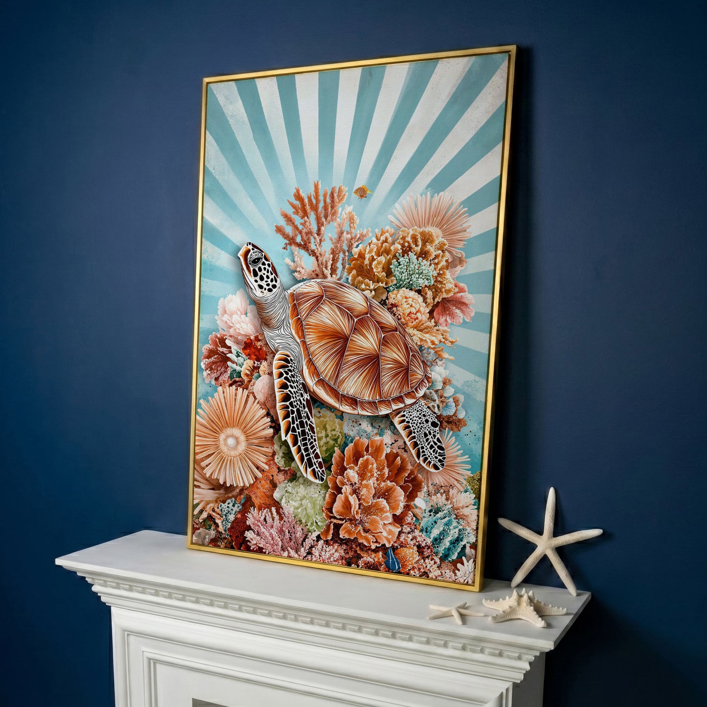 Sea Turtle and Coral Reef Canvas Wall Art, Ocean Life Portrait in yellow gold floating frame