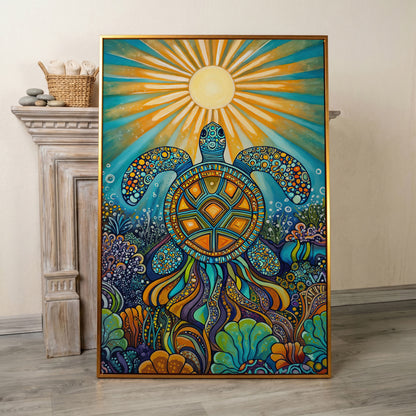 Sea Turtle Canvas Art, Coral Reef Ocean Print for Coastal Rooms in antique gold floating frame