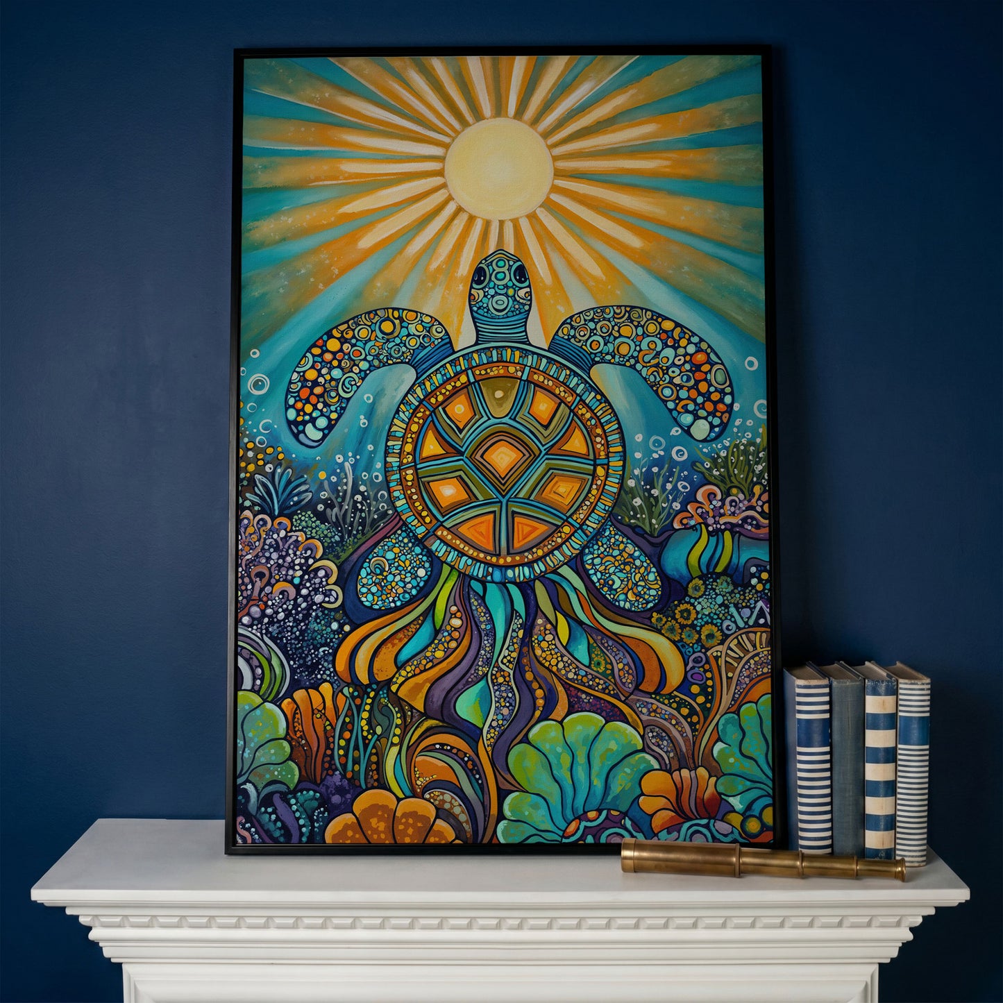 Sea Turtle Canvas Art, Coral Reef Ocean Print for Coastal Rooms in black floating frame