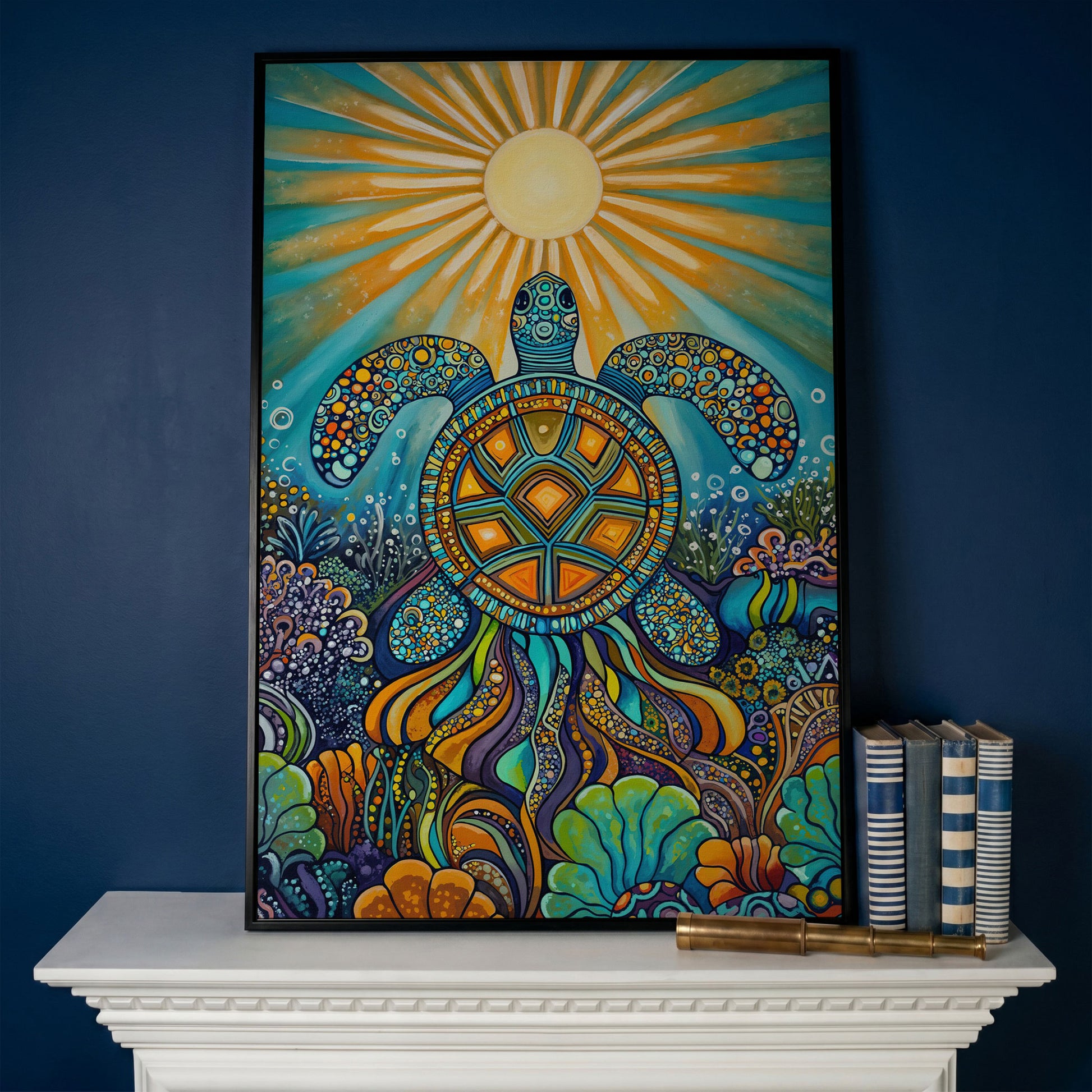 Sea Turtle Canvas Art, Coral Reef Ocean Print for Coastal Rooms in black floating frame