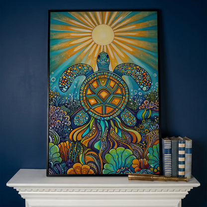 Sea Turtle Canvas Art, Coral Reef Ocean Print for Coastal Rooms in black floating frame
