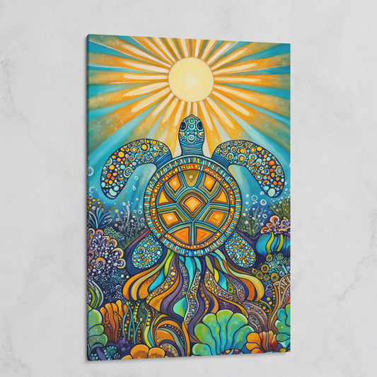 Sea Turtle Canvas Art, Coral Reef Ocean Print for Coastal Rooms on gallery wrap