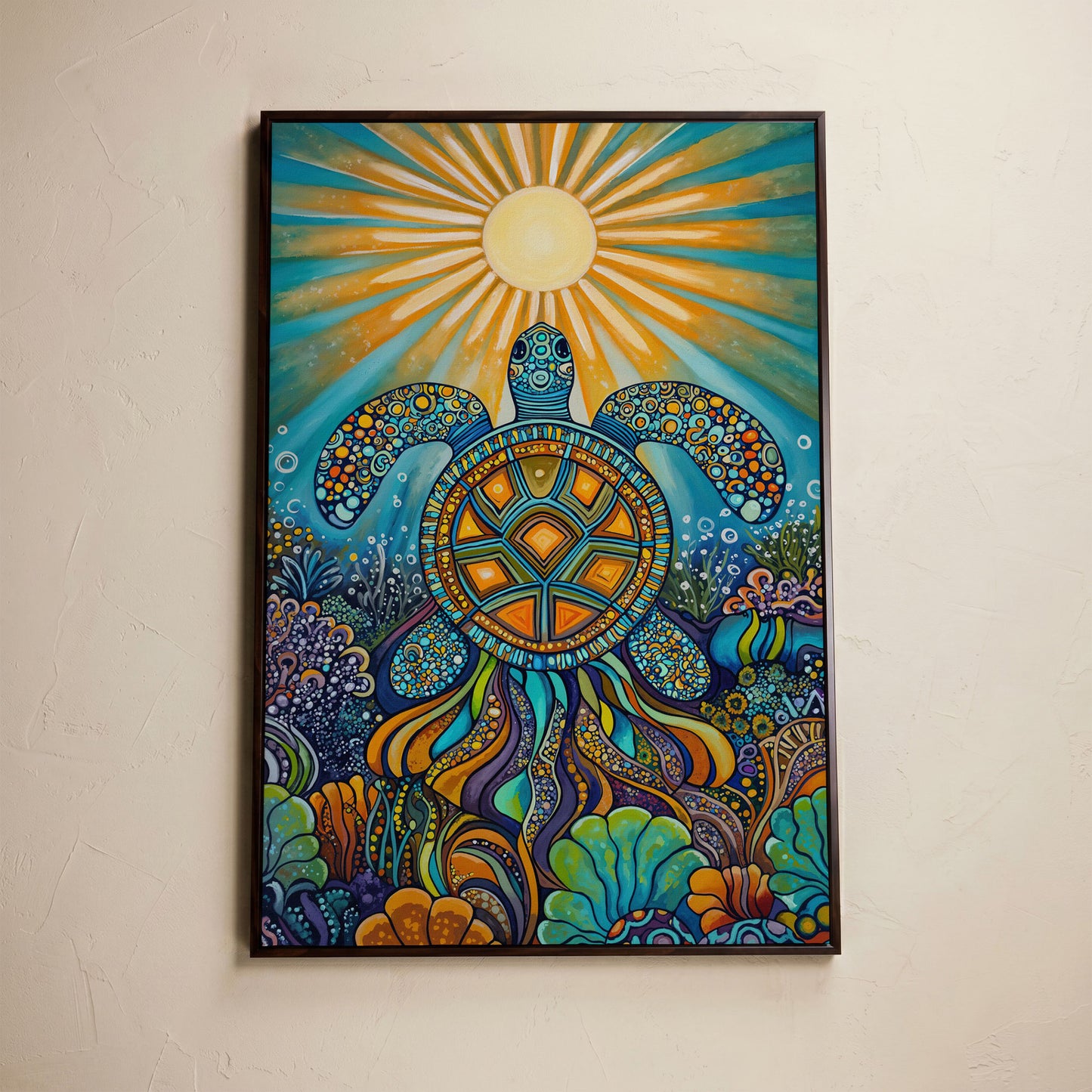 Sea Turtle Canvas Art, Coral Reef Ocean Print for Coastal Rooms in dark walnut floating frame