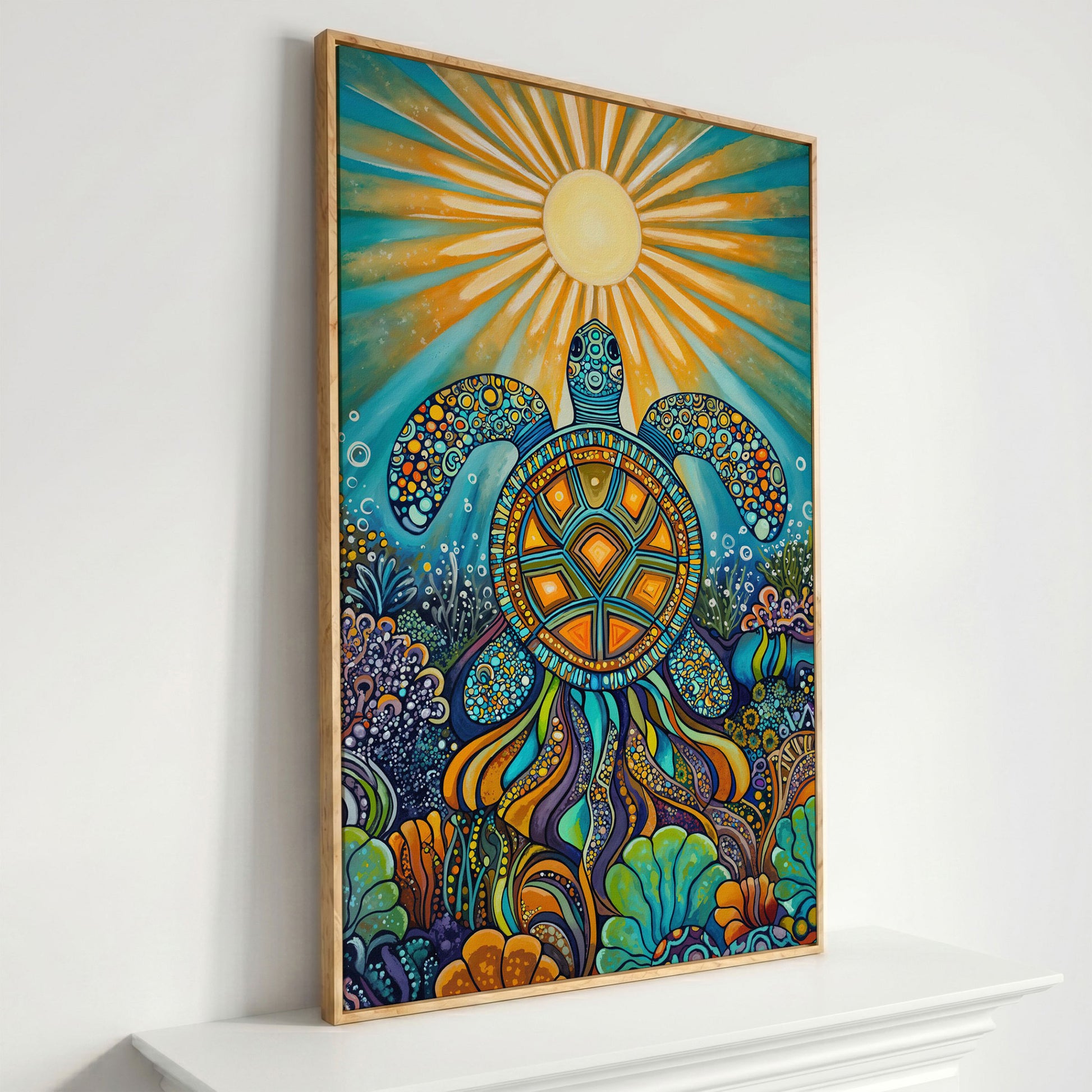 Sea Turtle Canvas Art, Coral Reef Ocean Print for Coastal Rooms in white oak floating frame
