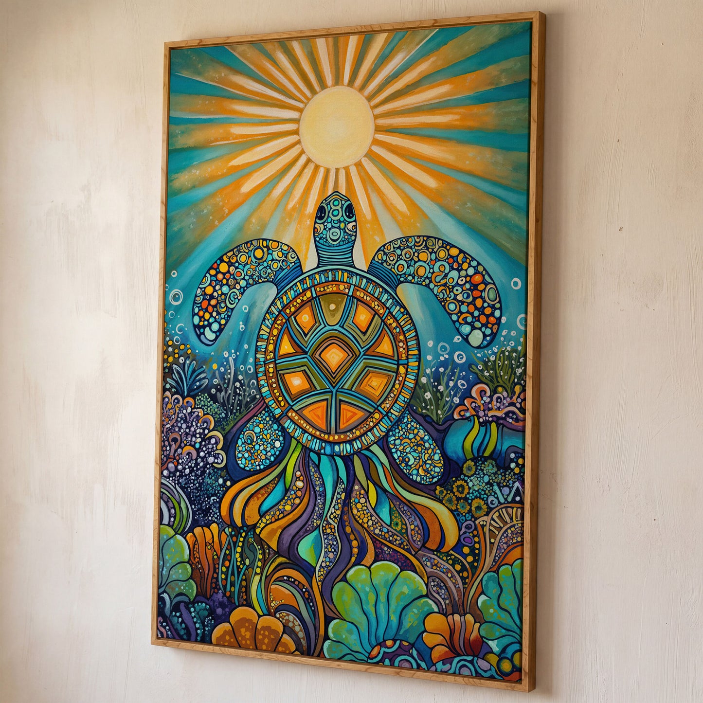 Sea Turtle Canvas Art, Coral Reef Ocean Print for Coastal Rooms shown in white oak floating frame