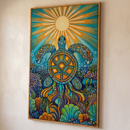 Sea Turtle Canvas Art, Coral Reef Ocean Print for Coastal Rooms shown in white oak floating frame