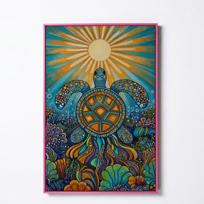 Sea Turtle Canvas Art, Coral Reef Ocean Print for Coastal Rooms in pink floating frame