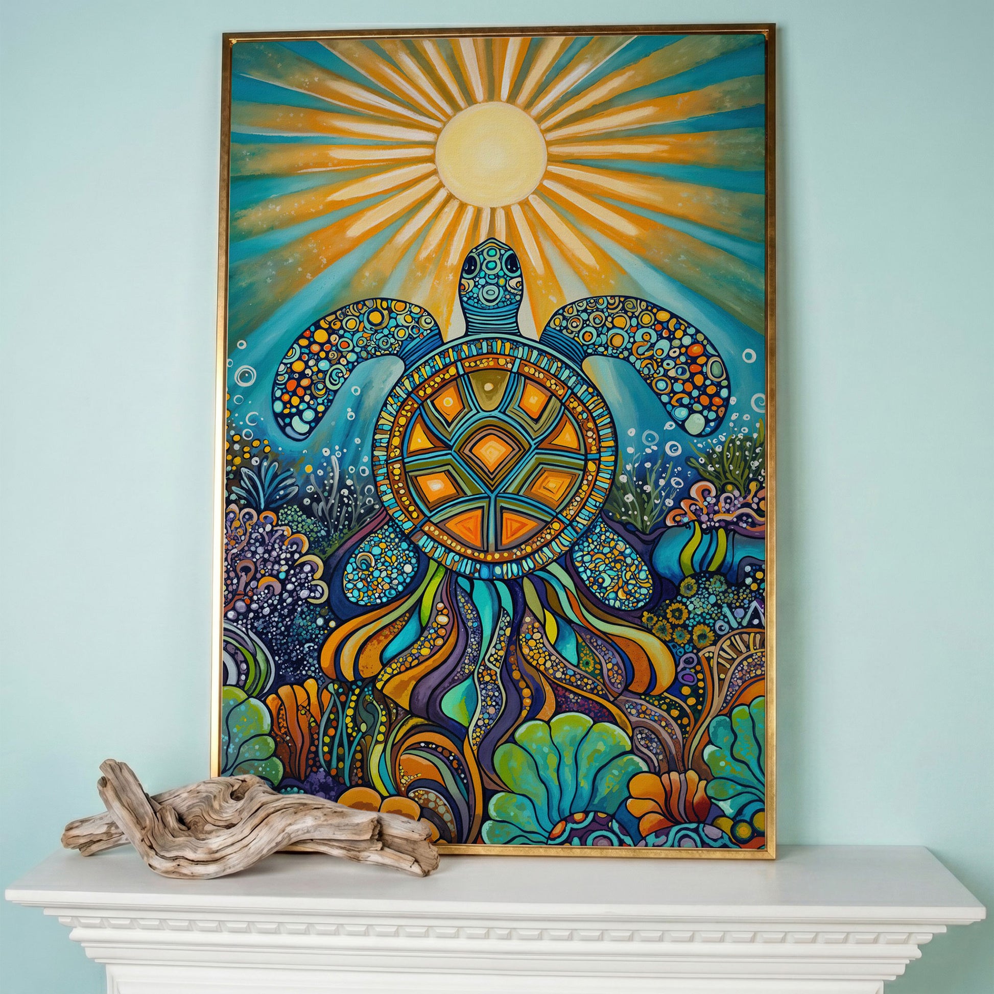 Sea Turtle Canvas Art, Coral Reef Ocean Print for Coastal Rooms in rose gold floating frame