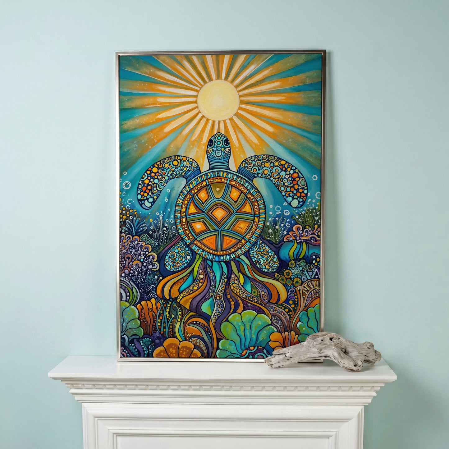 Sea Turtle Canvas Art, Coral Reef Ocean Print for Coastal Rooms in silver floating frame
