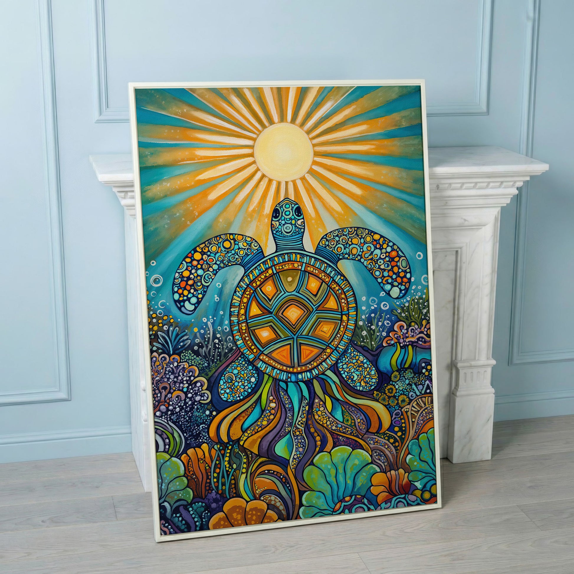 Sea Turtle Canvas Art, Coral Reef Ocean Print for Coastal Rooms in white floating frame