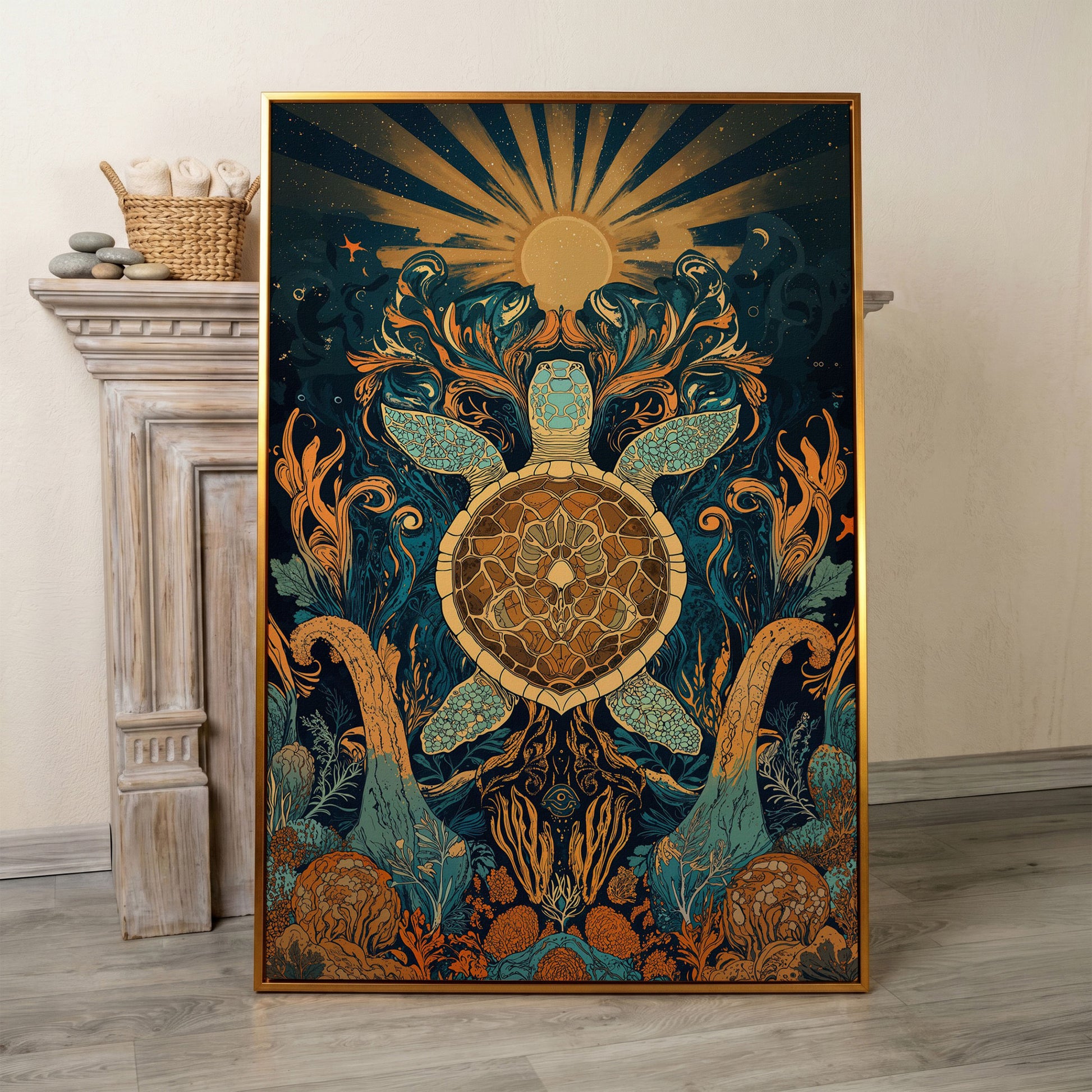 Sea Turtle with Sunburst Ocean Canvas Wall Art in antique gold floating frame