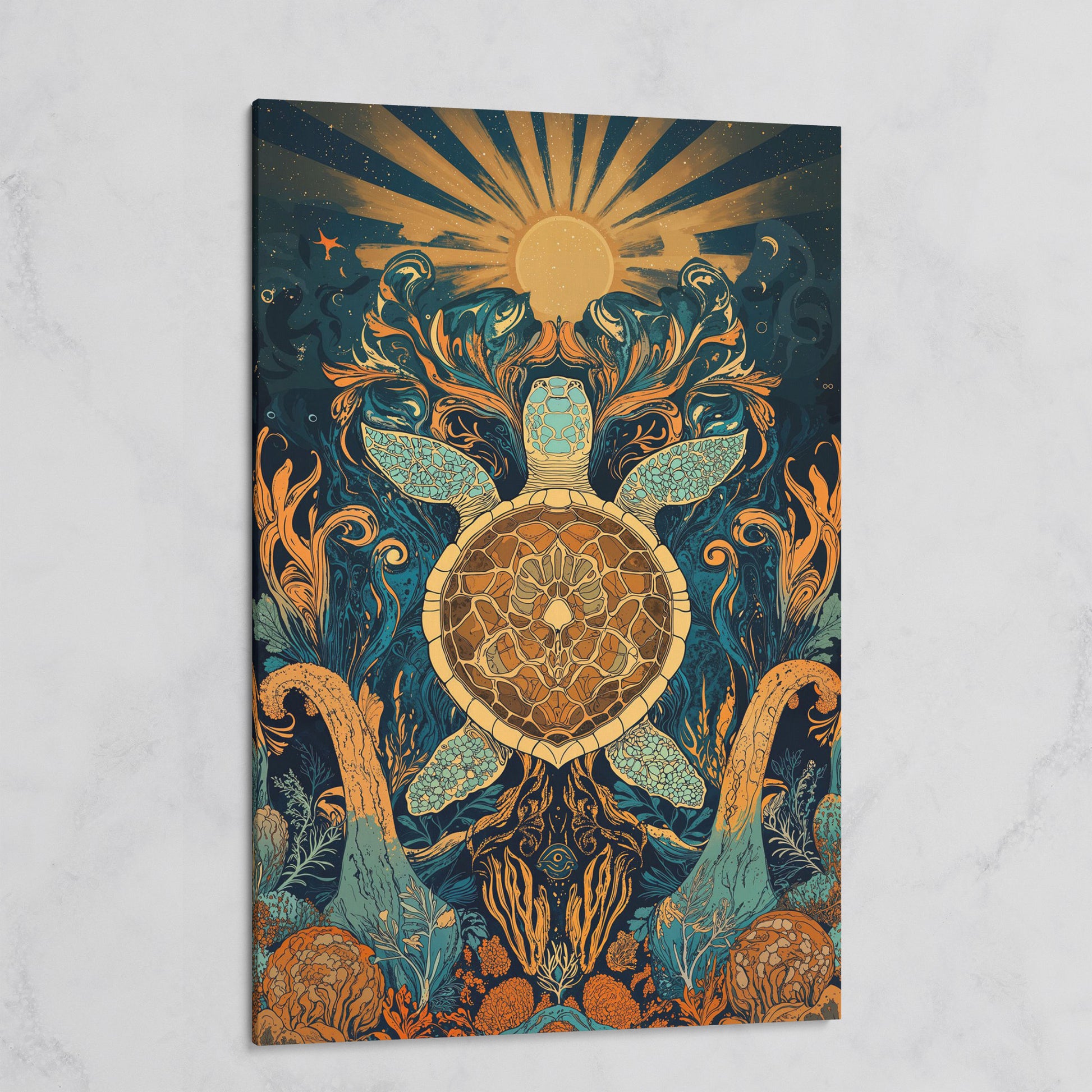 Sea Turtle with Sunburst Ocean Canvas Wall Art on gallery wrap