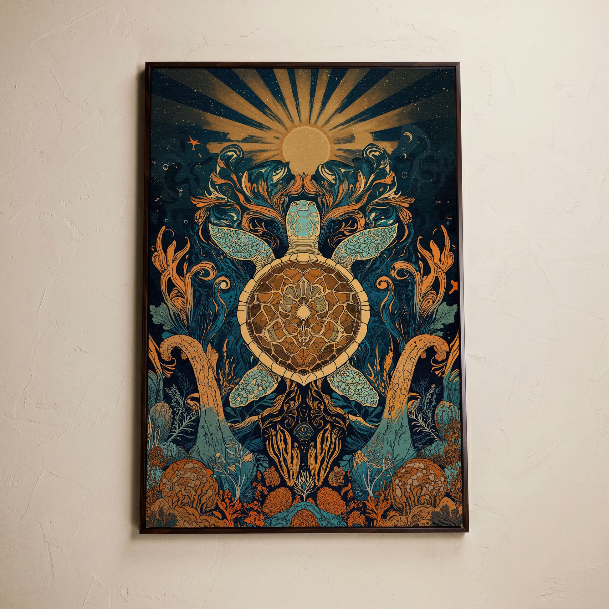 Sea Turtle with Sunburst Ocean Canvas Wall Art in dark walnut floating frame