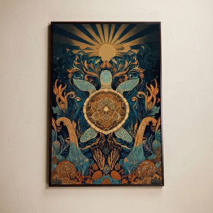 Sea Turtle with Sunburst Ocean Canvas Wall Art in dark walnut floating frame
