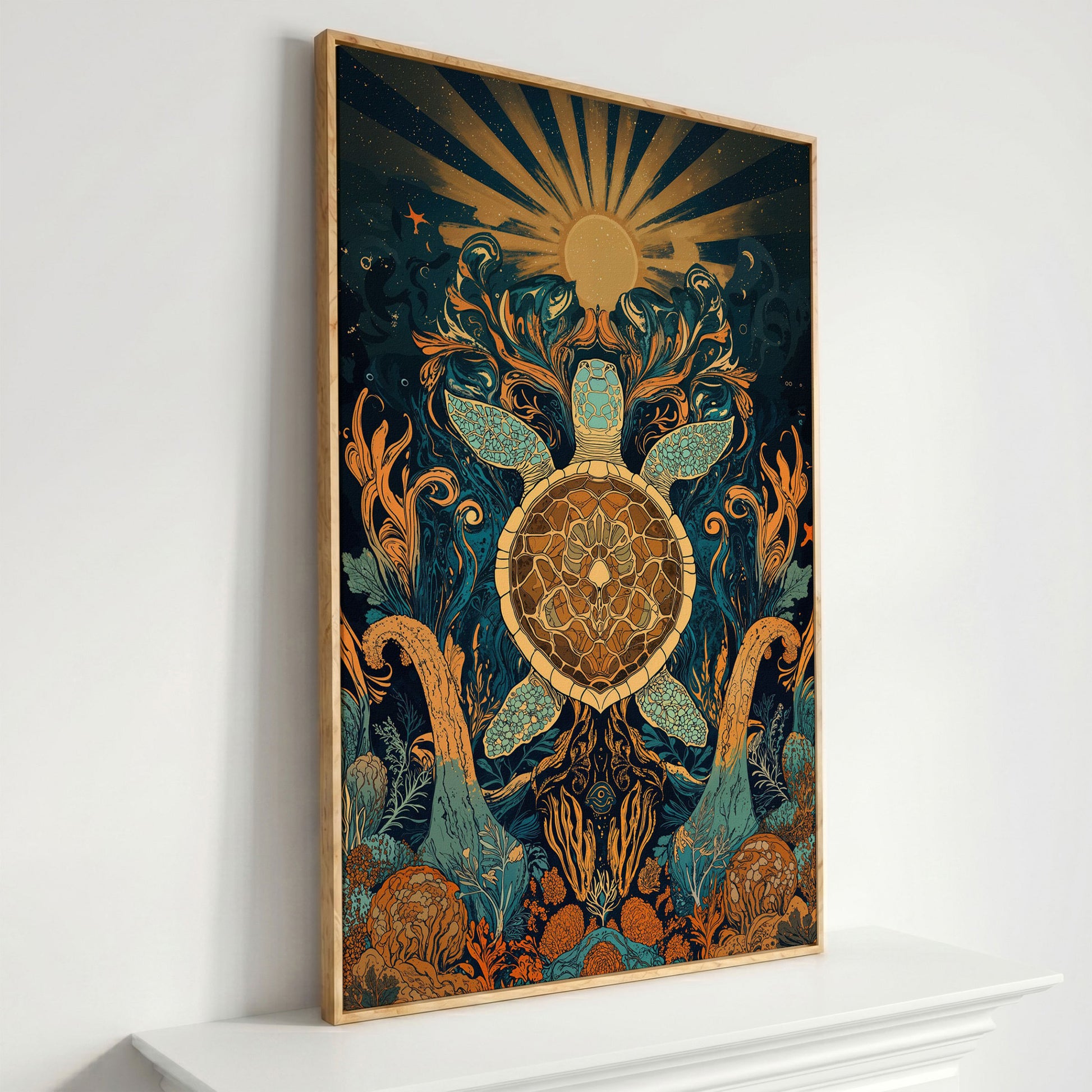 Sea Turtle with Sunburst Ocean Canvas Wall Art in white oak floating frame