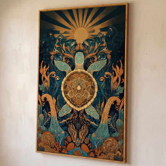 Sea Turtle with Sunburst Ocean Canvas Wall Art shown in white oak floating frame
