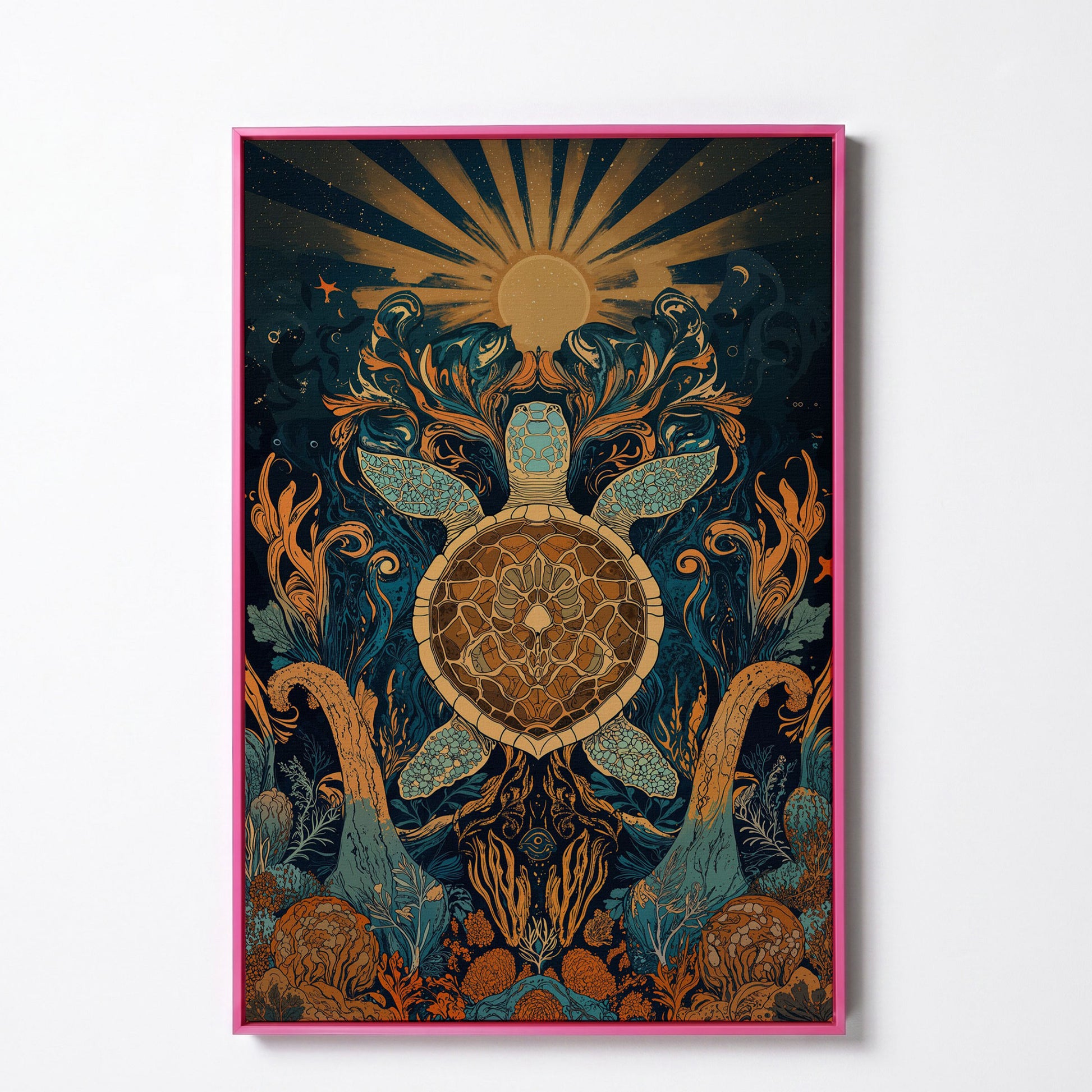 Sea Turtle with Sunburst Ocean Canvas Wall Art in pink floating frame