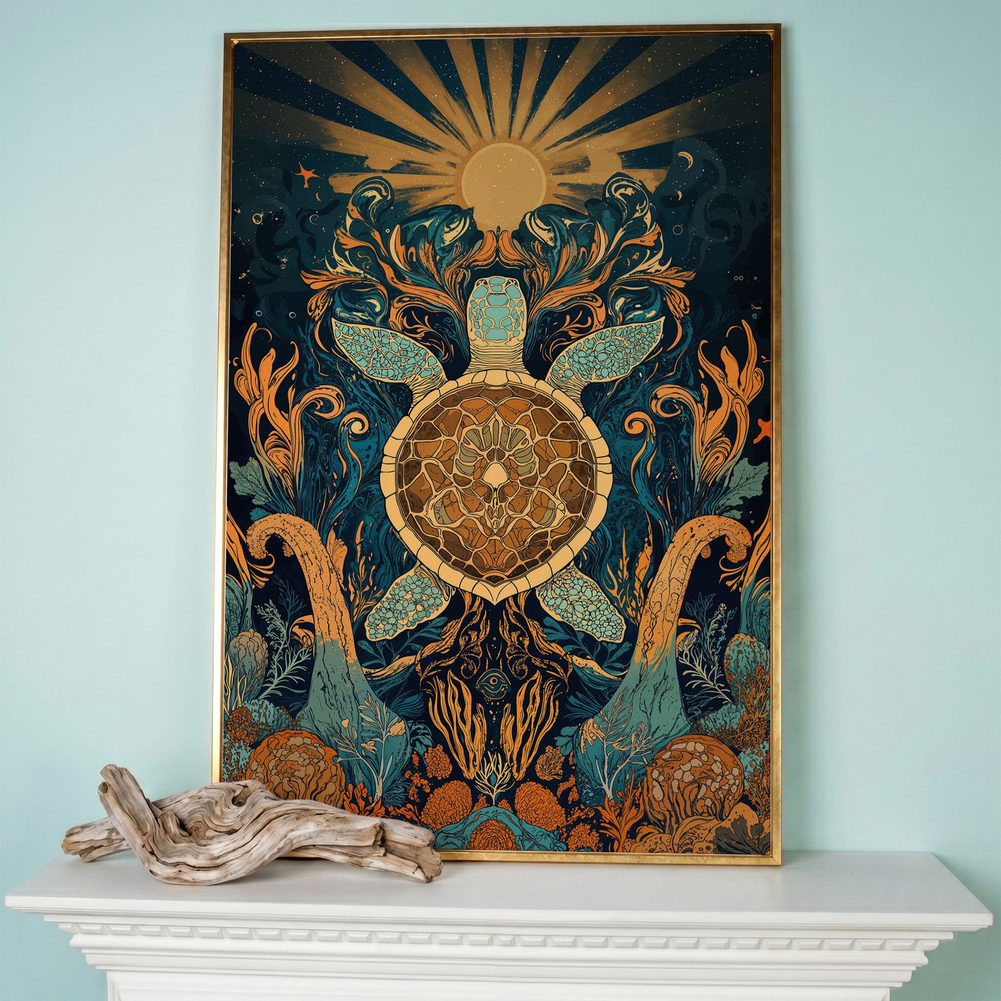 Sea Turtle with Sunburst Ocean Canvas Wall Art in rose gold floating frame