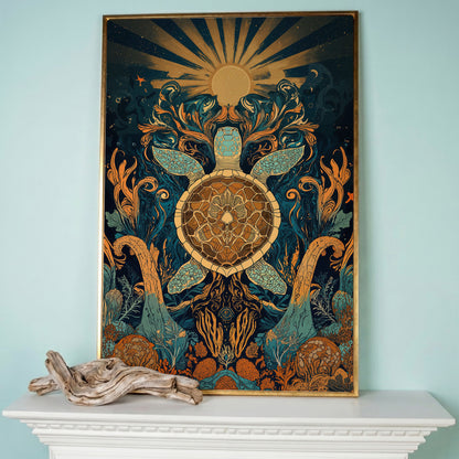 Sea Turtle with Sunburst Ocean Canvas Wall Art in rose gold floating frame