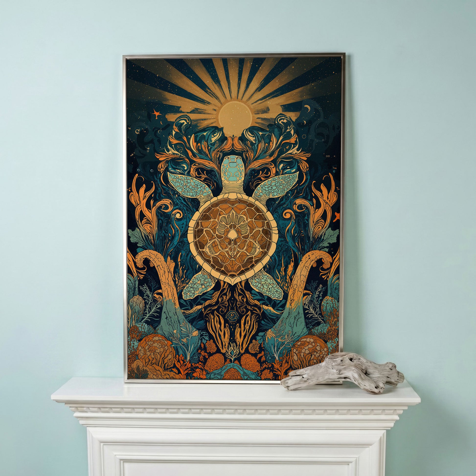 Sea Turtle with Sunburst Ocean Canvas Wall Art in silver floating frame
