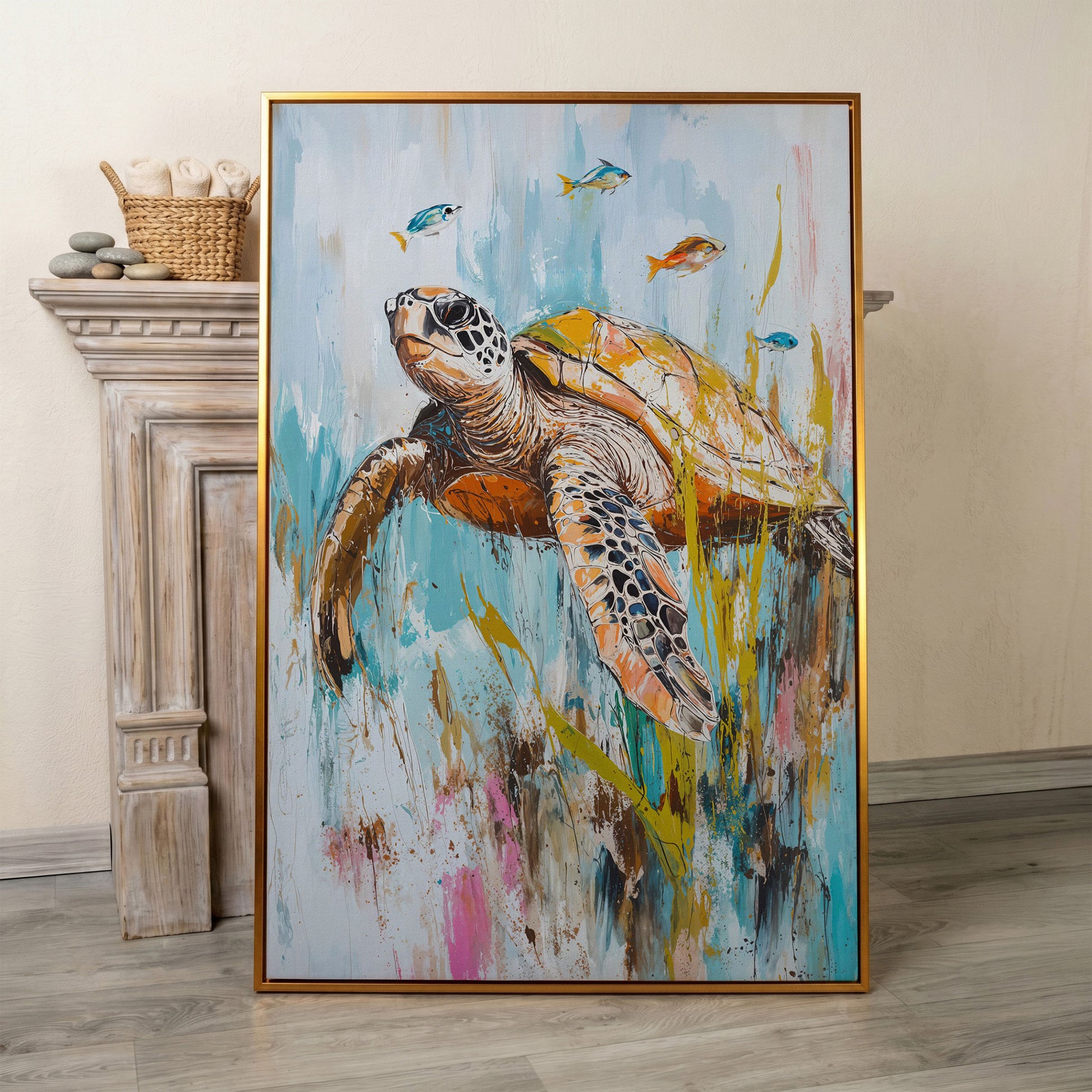 Sea Turtle Underwater Canvas Wall Art. Portrait Print in antique gold floating frame