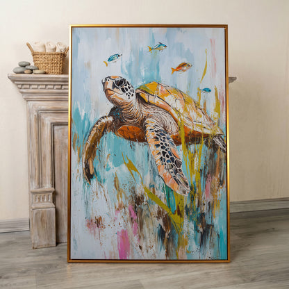 Sea Turtle Underwater Canvas Wall Art. Portrait Print in antique gold floating frame
