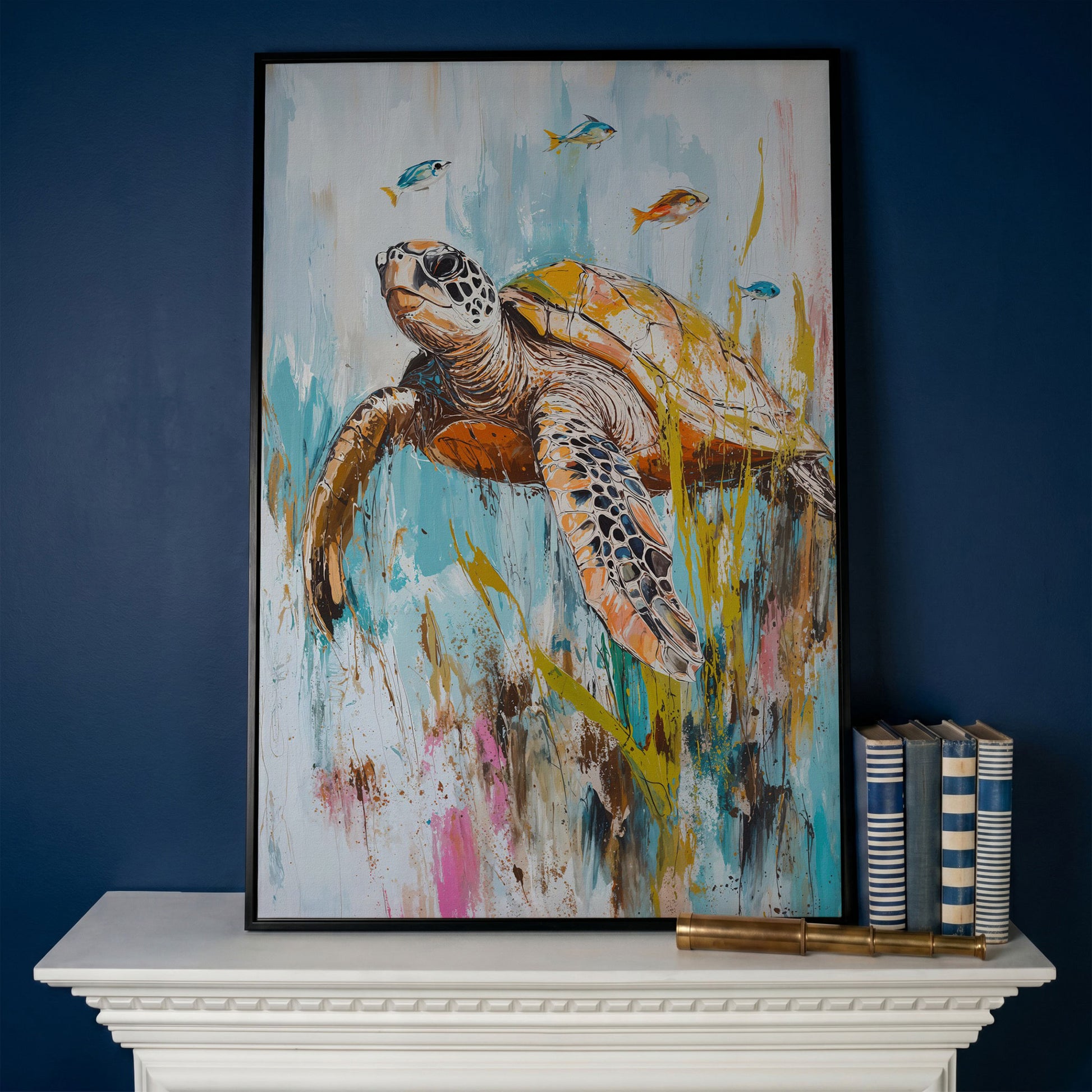 Sea Turtle Underwater Canvas Wall Art. Portrait Print in black floating frame