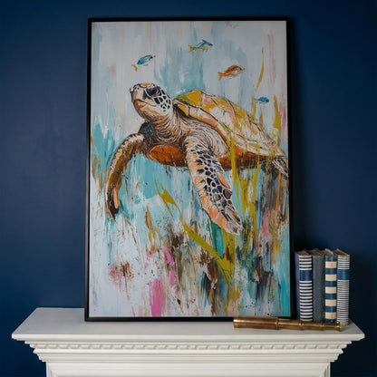 Sea Turtle Underwater Canvas Wall Art. Portrait Print in black floating frame