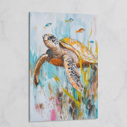 Sea Turtle Underwater Canvas Wall Art. Portrait Print on gallery wrap