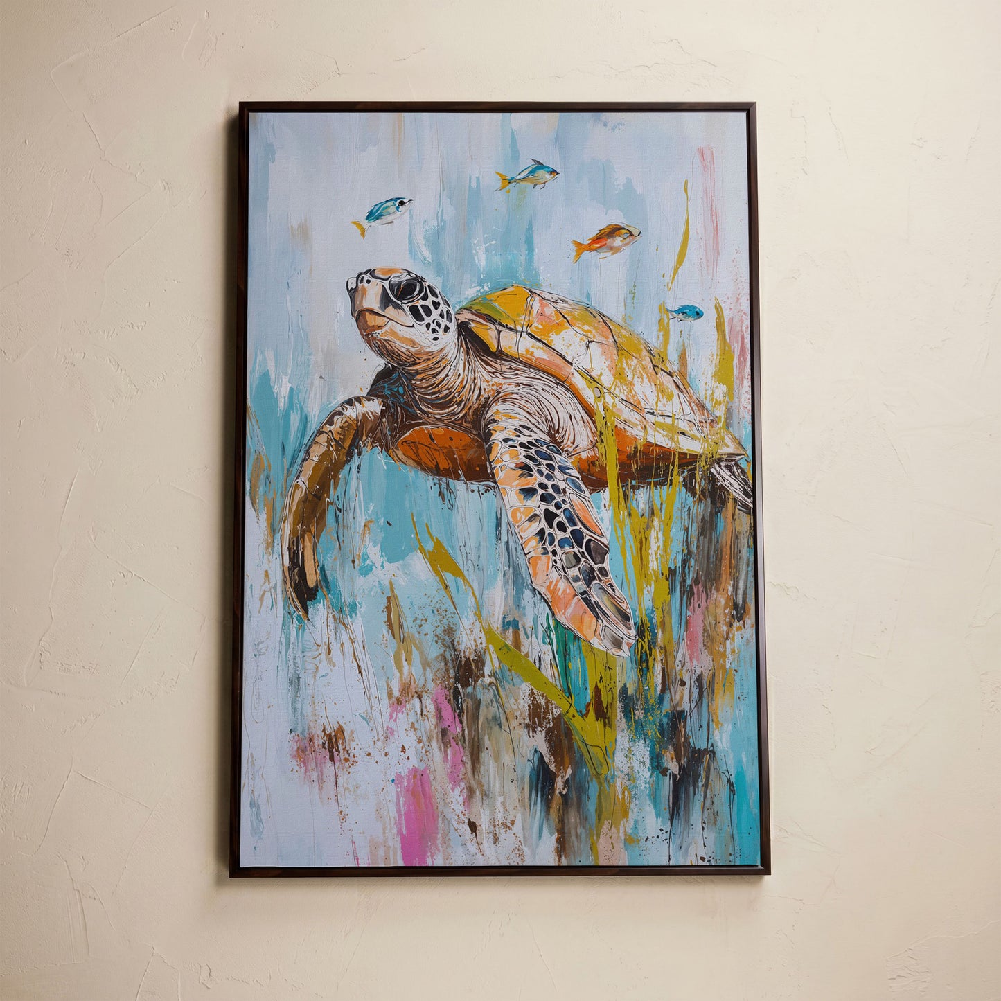 Sea Turtle Underwater Canvas Wall Art. Portrait Print in dark walnut floating frame