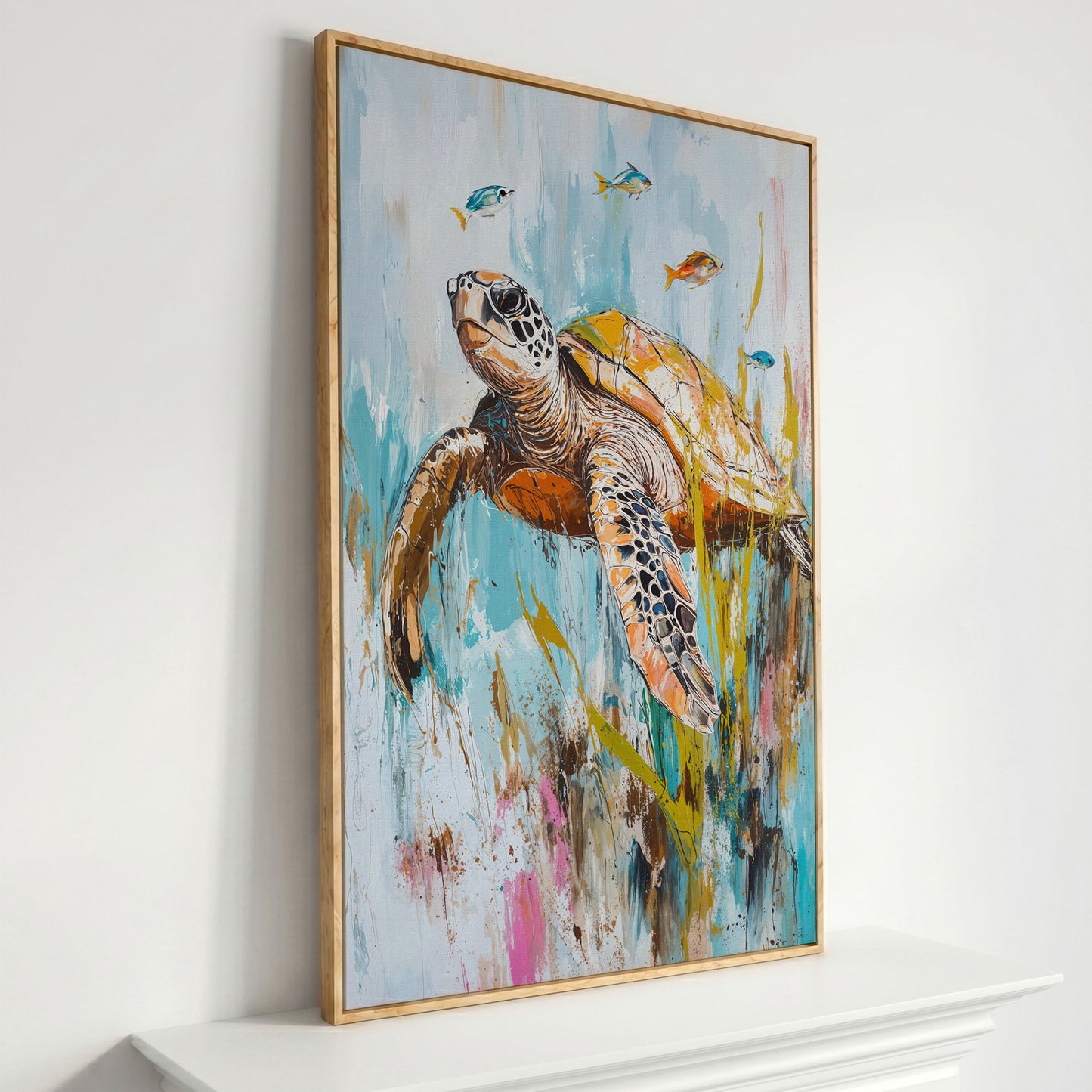 Sea Turtle Underwater Canvas Wall Art. Portrait Print in white oak floating frame