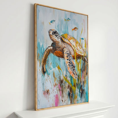 Sea Turtle Underwater Canvas Wall Art. Portrait Print in white oak floating frame