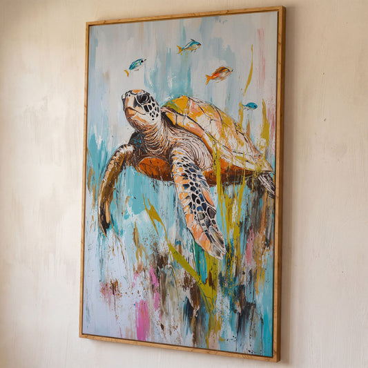 Sea Turtle Underwater Canvas Wall Art. Portrait Print shown in white oak floating frame