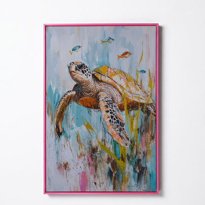 Sea Turtle Underwater Canvas Wall Art. Portrait Print in pink floating frame