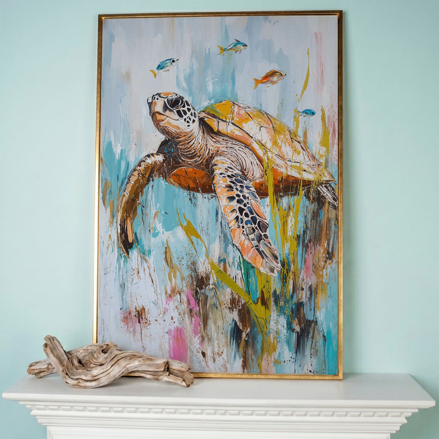 Sea Turtle Underwater Canvas Wall Art. Portrait Print in rose gold floating frame