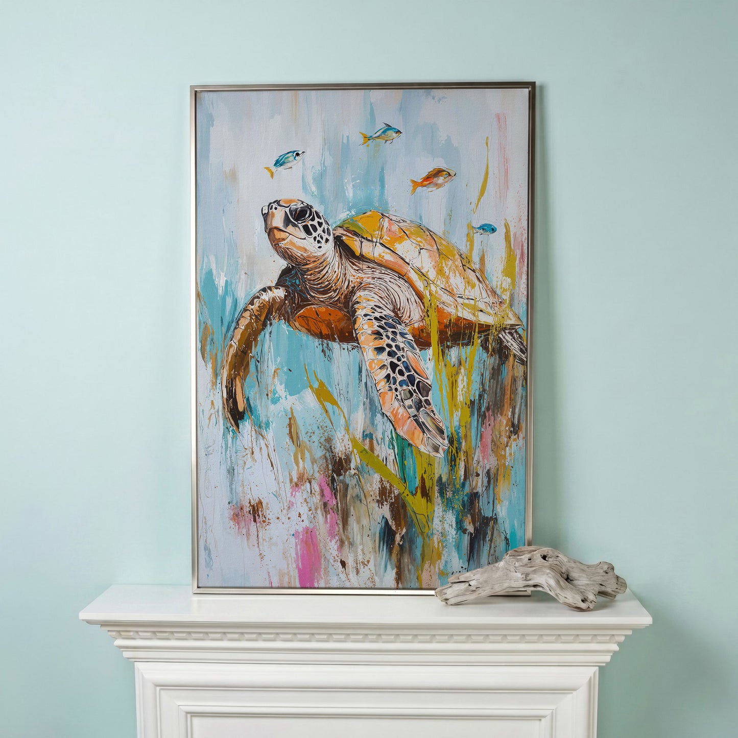 Sea Turtle Underwater Canvas Wall Art. Portrait Print in silver floating frame