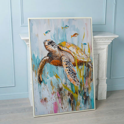 Sea Turtle Underwater Canvas Wall Art. Portrait Print in white floating frame