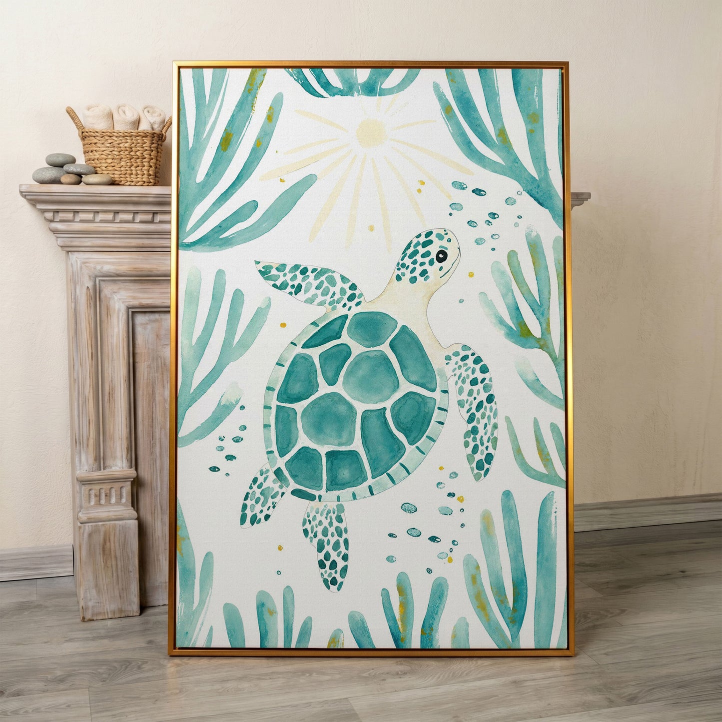 Sea Turtle and Coral Canvas Wall Art, Ocean Life Portrait Print in antique gold floating frame