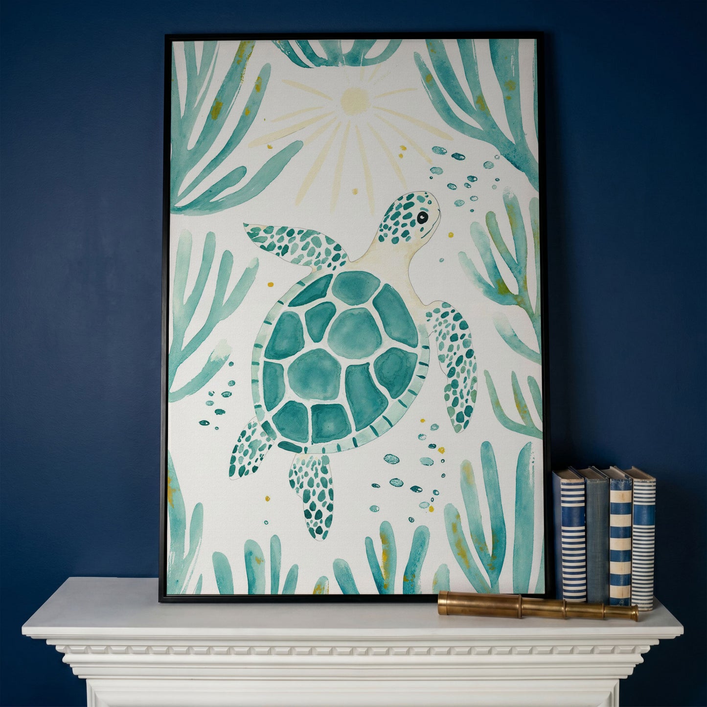 Sea Turtle and Coral Canvas Wall Art, Ocean Life Portrait Print in black floating frame