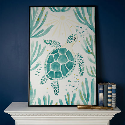 Sea Turtle and Coral Canvas Wall Art, Ocean Life Portrait Print in black floating frame