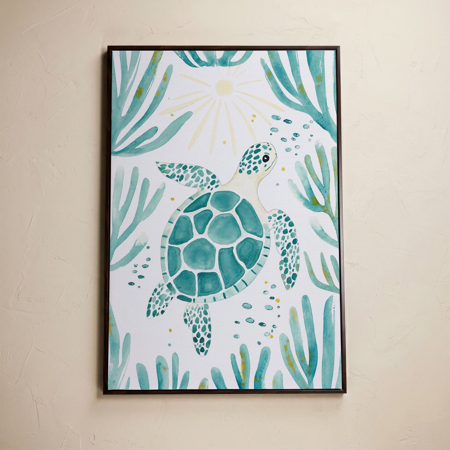 Sea Turtle and Coral Canvas Wall Art, Ocean Life Portrait Print in dark walnut floating frame