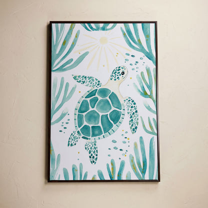 Sea Turtle and Coral Canvas Wall Art, Ocean Life Portrait Print in dark walnut floating frame
