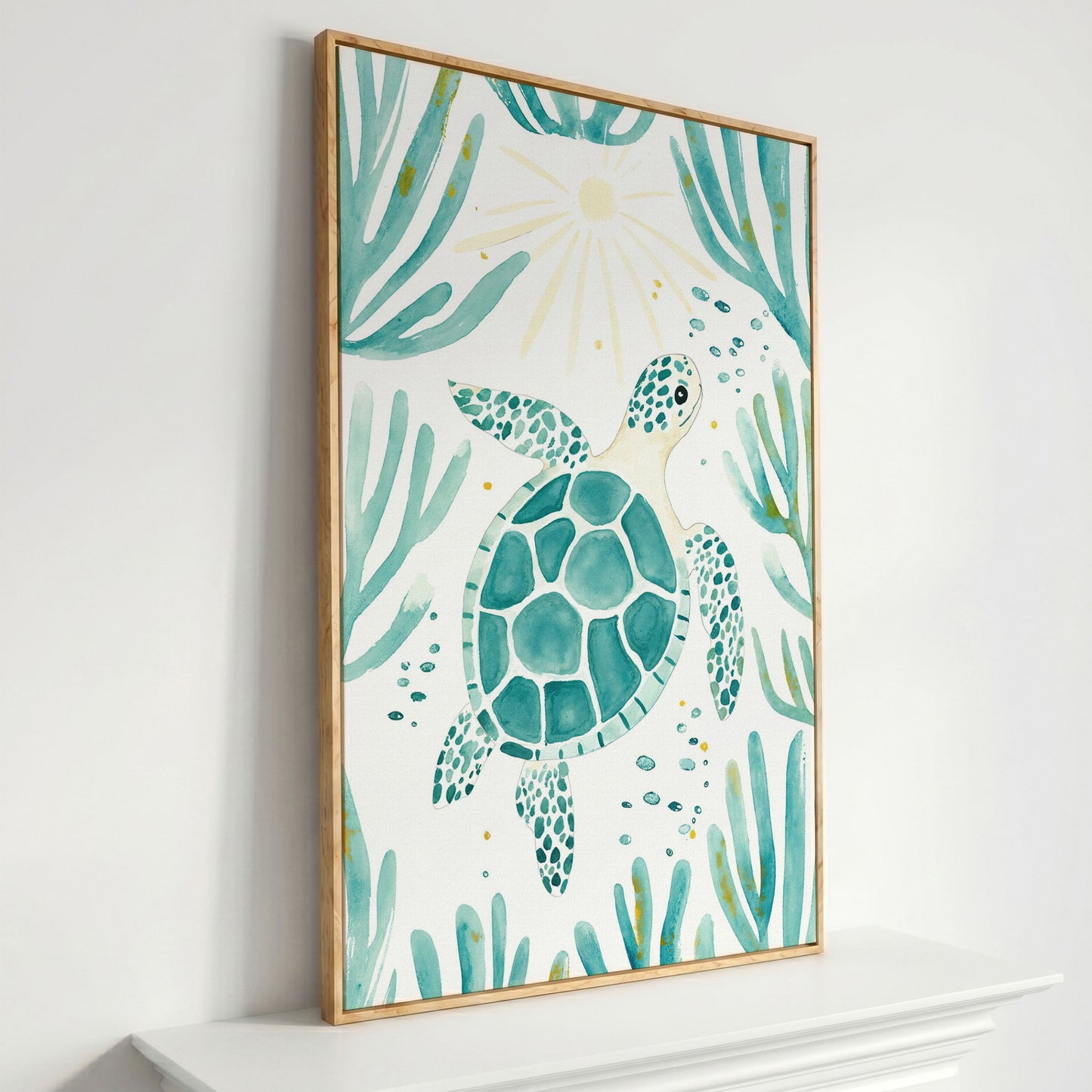 Sea Turtle and Coral Canvas Wall Art, Ocean Life Portrait Print in white oak floating frame