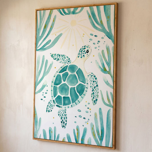 Sea Turtle and Coral Canvas Wall Art, Ocean Life Portrait Print shown in white oak floating frame