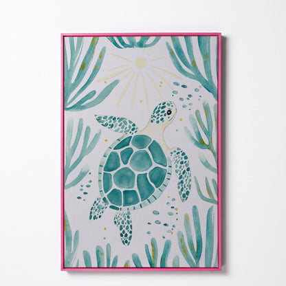 Sea Turtle and Coral Canvas Wall Art, Ocean Life Portrait Print in pink floating frame