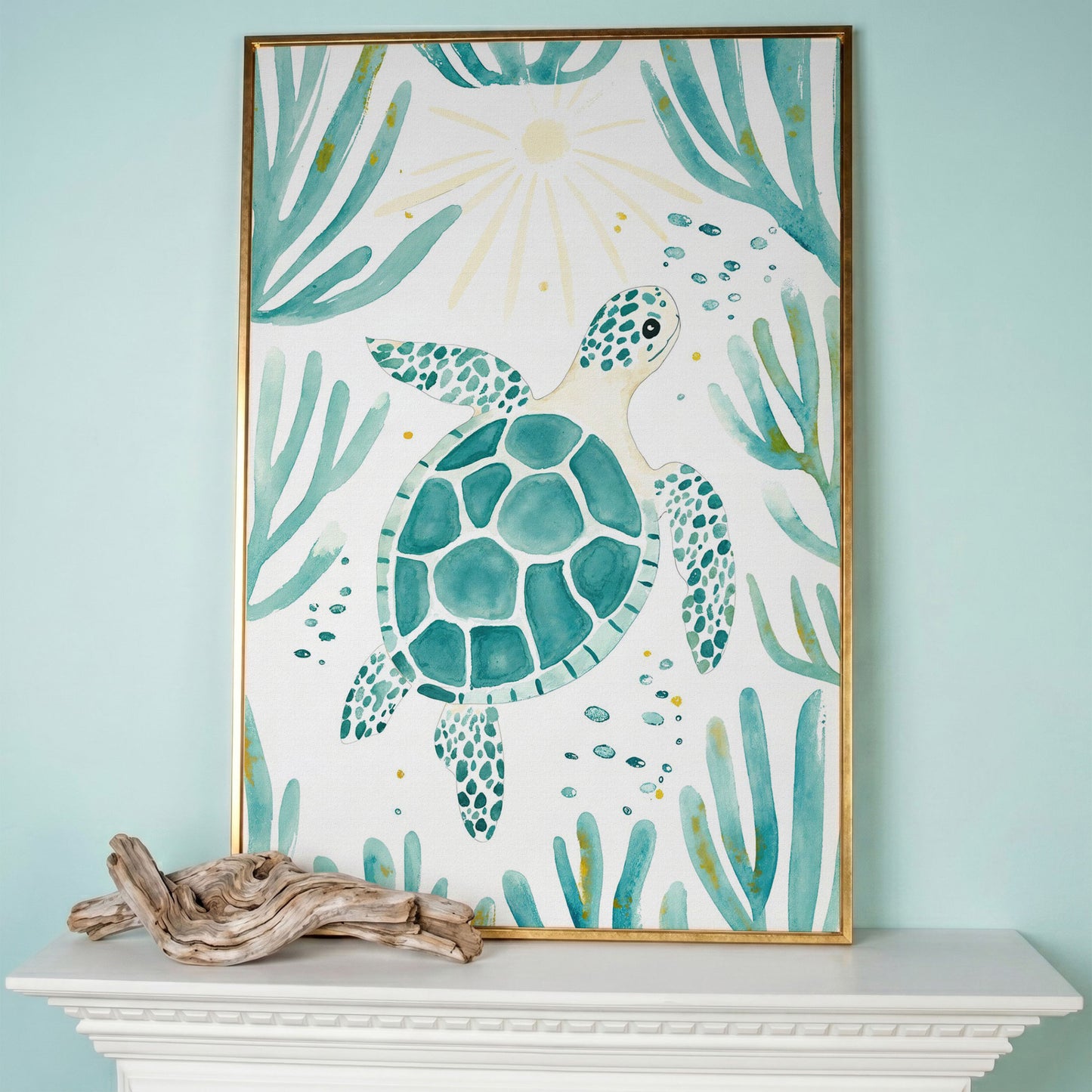 Sea Turtle and Coral Canvas Wall Art, Ocean Life Portrait Print in rose gold floating frame