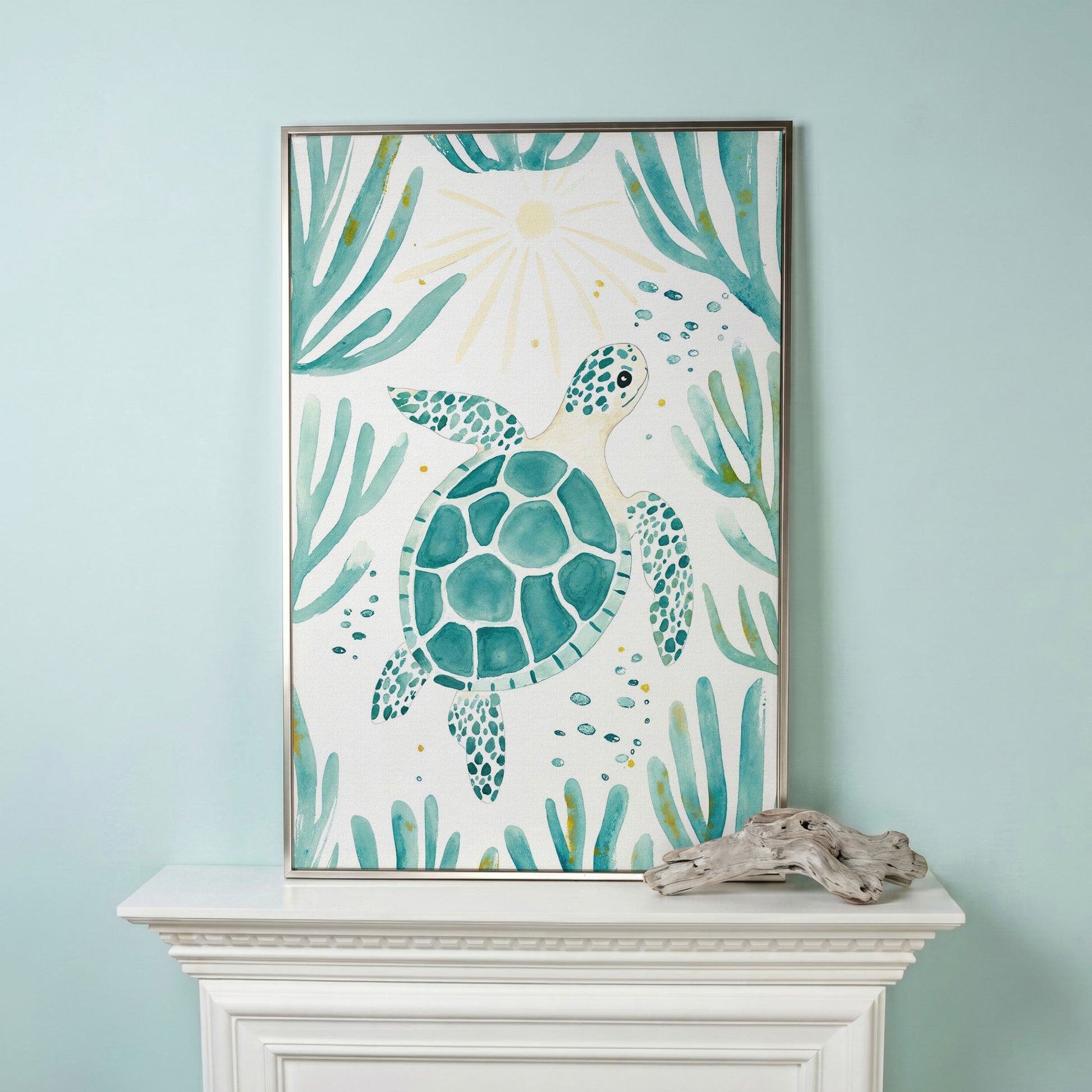 Sea Turtle and Coral Canvas Wall Art, Ocean Life Portrait Print in silver floating frame