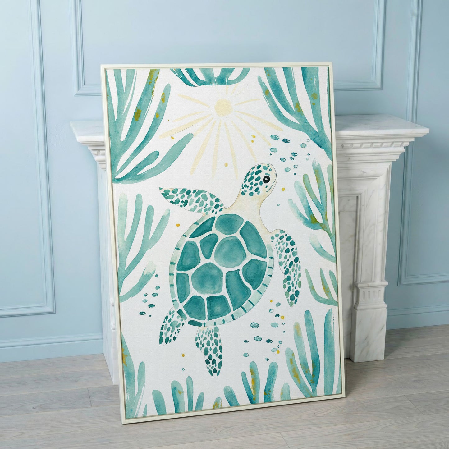 Sea Turtle and Coral Canvas Wall Art, Ocean Life Portrait Print in white floating frame