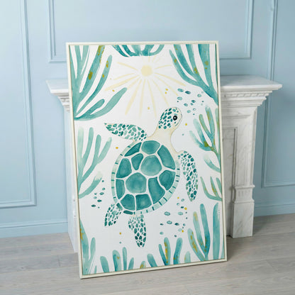 Sea Turtle and Coral Canvas Wall Art, Ocean Life Portrait Print in white floating frame